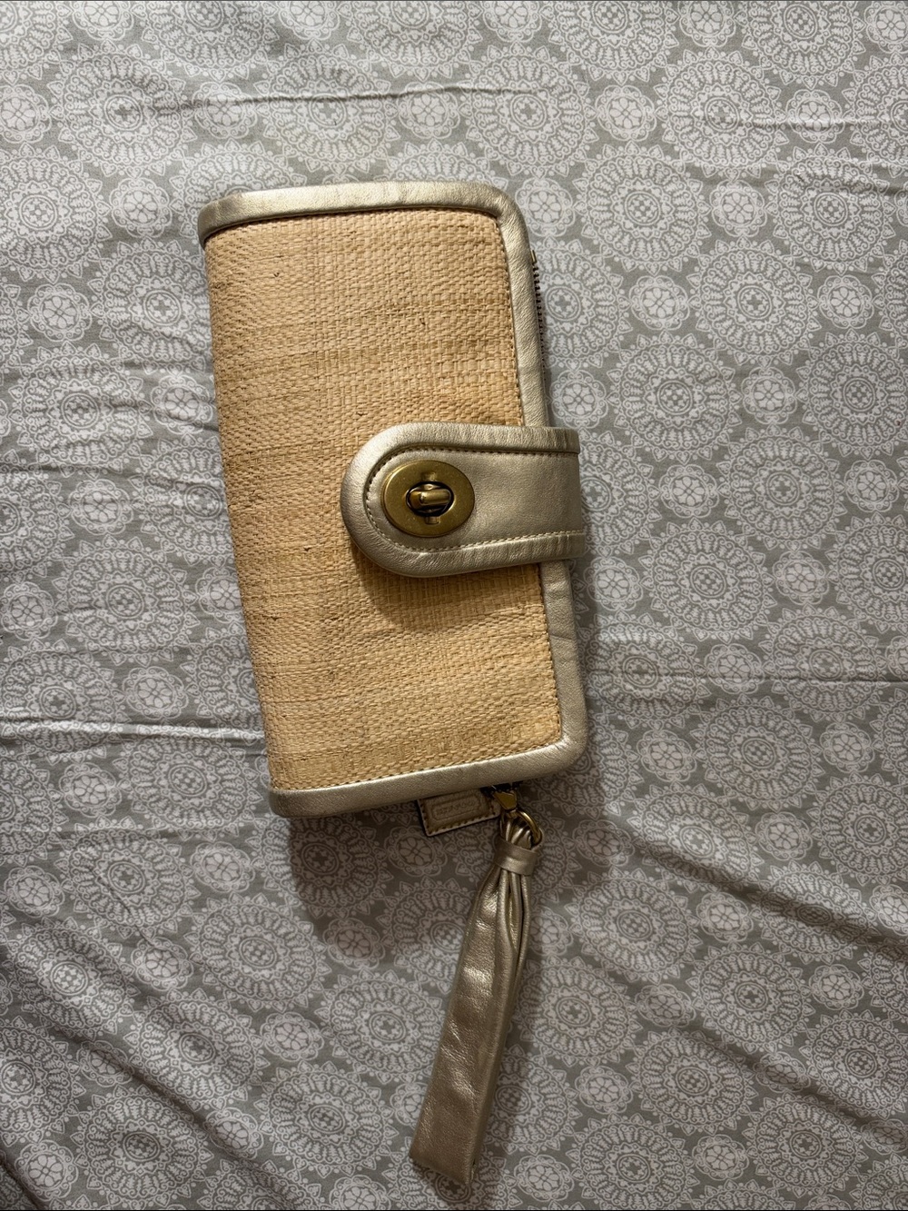 Coach Straw Wristlet Clutch with Gold Trim